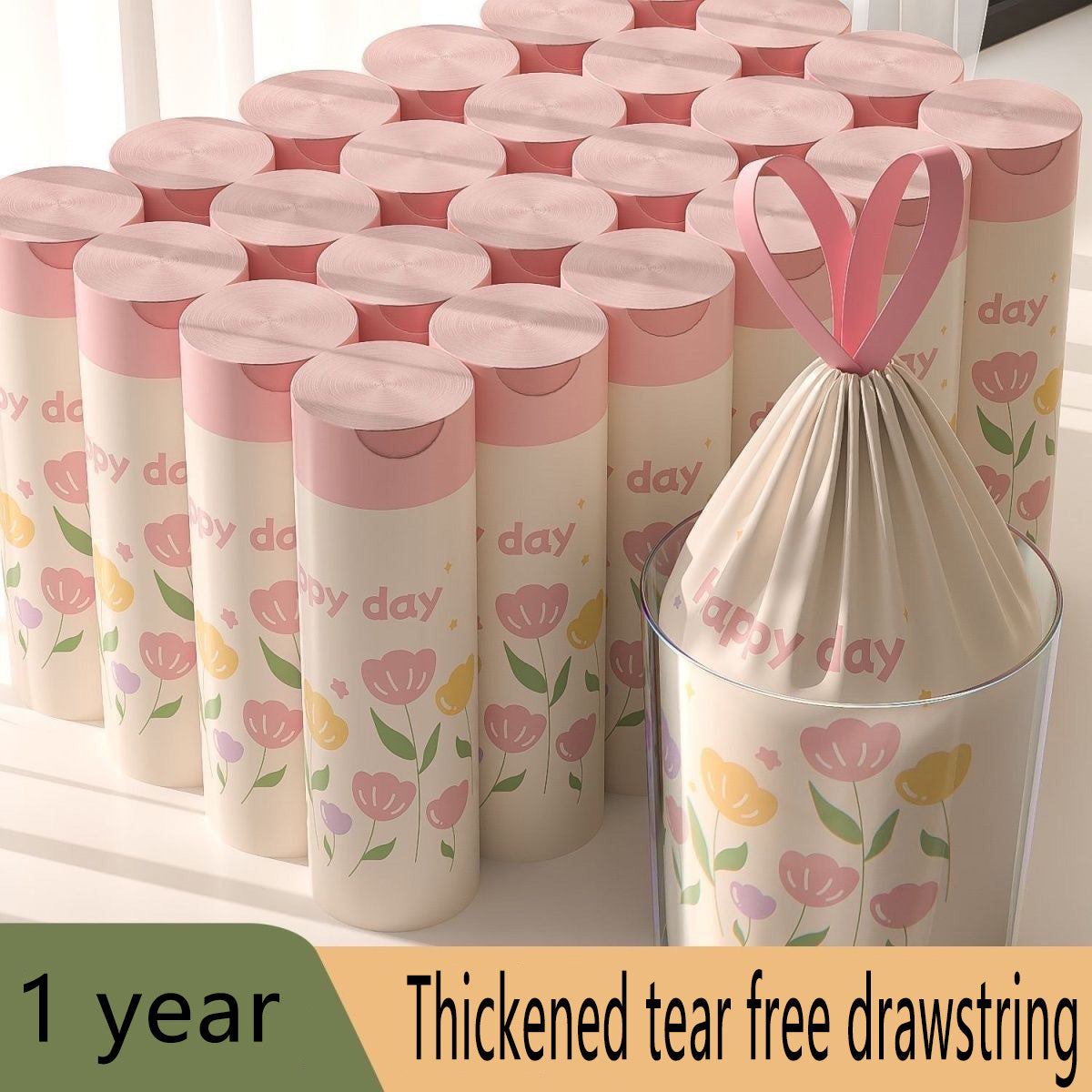 100-Pack Lavender Scented Drawstring Trash Bags - Thickened Large 10L Heavy-Duty 10kg Capacity, High-Density Polyethylene Multipurpose Disposable Bags for Kitchen, Bathroom, Bedroom, Living Room, Toilet - Floral Design with H