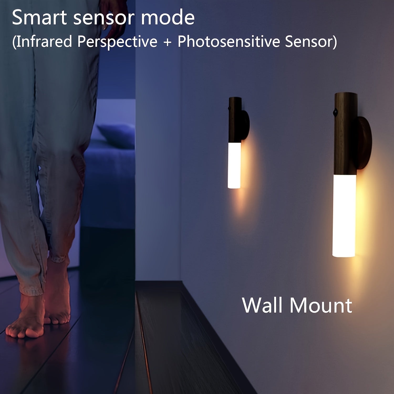 1pc/2pcs Traditional Wooden Magnetic Wall Sconce, USB Rechargeable LED Motion Sensor Night Light, Semi Flush Mount Detachable Fixture for Bedroom, Closet, Hallway, Stairway, Cabinet - Plastic Shade, Dry Location Compatible, 3