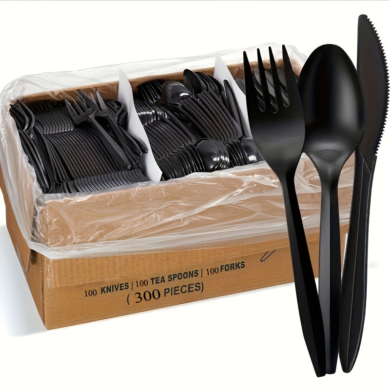 300 pieces, heavy duty disposable plastic cutlery includes 100 knives 100 forks 100 spoons, tableware for parties, picnics and camping