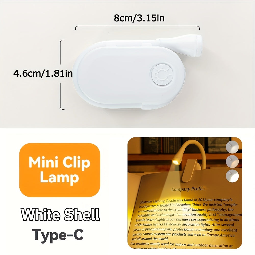 Mini Portable Clip-On Book Light | Adjustable Brightness | Three Colors | C-Type USB Rechargeable | 360-Degree Foldable LED Soft Light | Suitable for Bedrooms, Bedside, Study | Creative Gift Table Lamp, Small Night Light