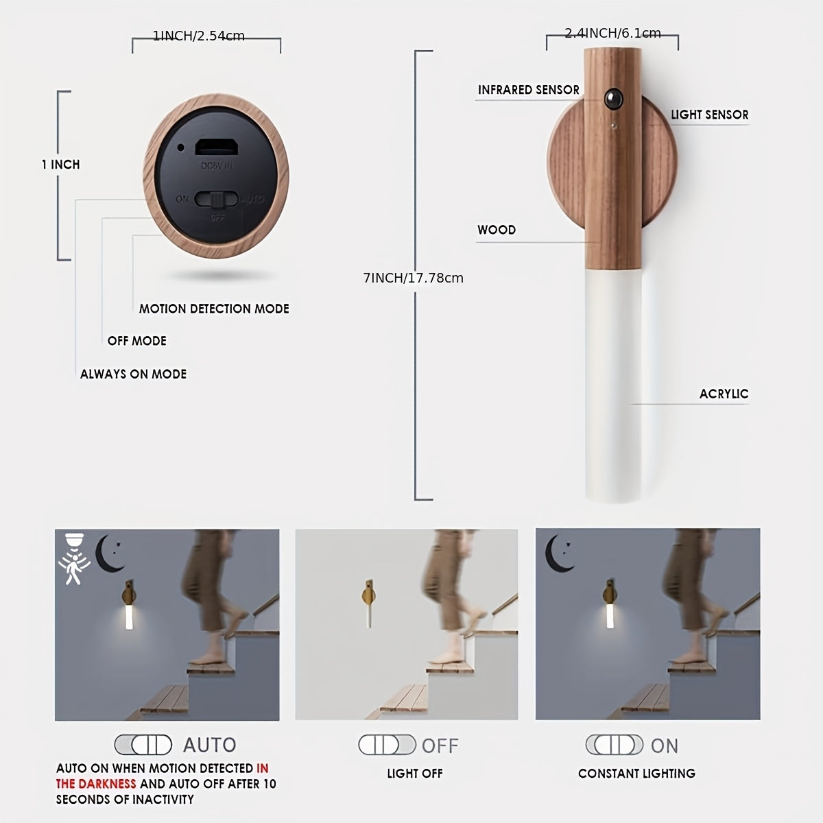 1pc/2pcs Traditional Wooden Magnetic Wall Sconce, USB Rechargeable LED Motion Sensor Night Light, Semi Flush Mount Detachable Fixture for Bedroom, Closet, Hallway, Stairway, Cabinet - Plastic Shade, Dry Location Compatible, 3