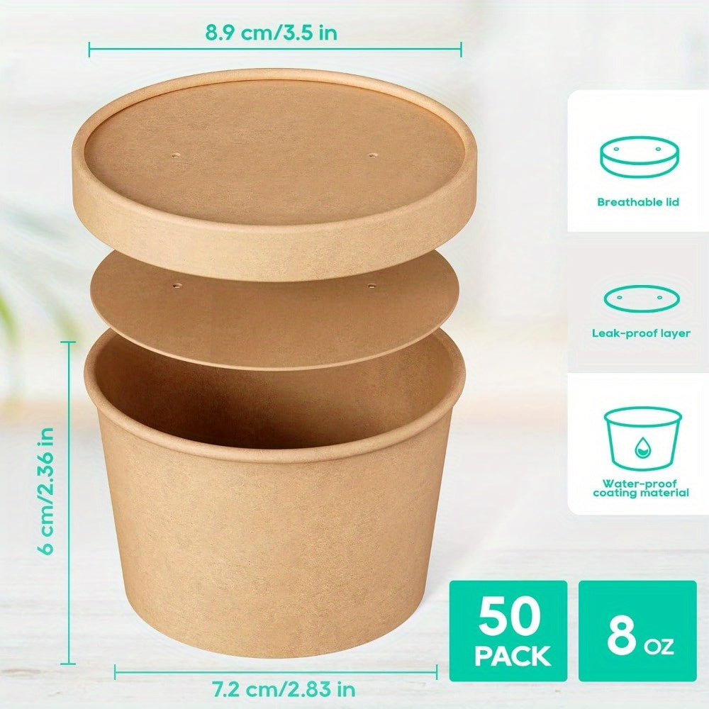 50-Pack 8oz Brown Kraft Paper Soup Containers with Lids - Disposable, Microwavable & Freezer Safe Food Cups for Soup, Ice Cream, and More - Perfect for Christmas, Thanksgiving, and Holiday Meals, Soup Bowls, Disposable Servin