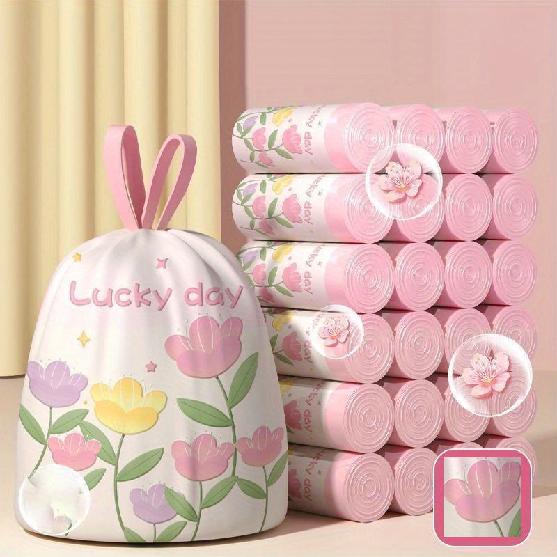 100-Pack Lavender Scented Drawstring Trash Bags - Thickened Large 10L Heavy-Duty 10kg Capacity, High-Density Polyethylene Multipurpose Disposable Bags for Kitchen, Bathroom, Bedroom, Living Room, Toilet - Floral Design with H