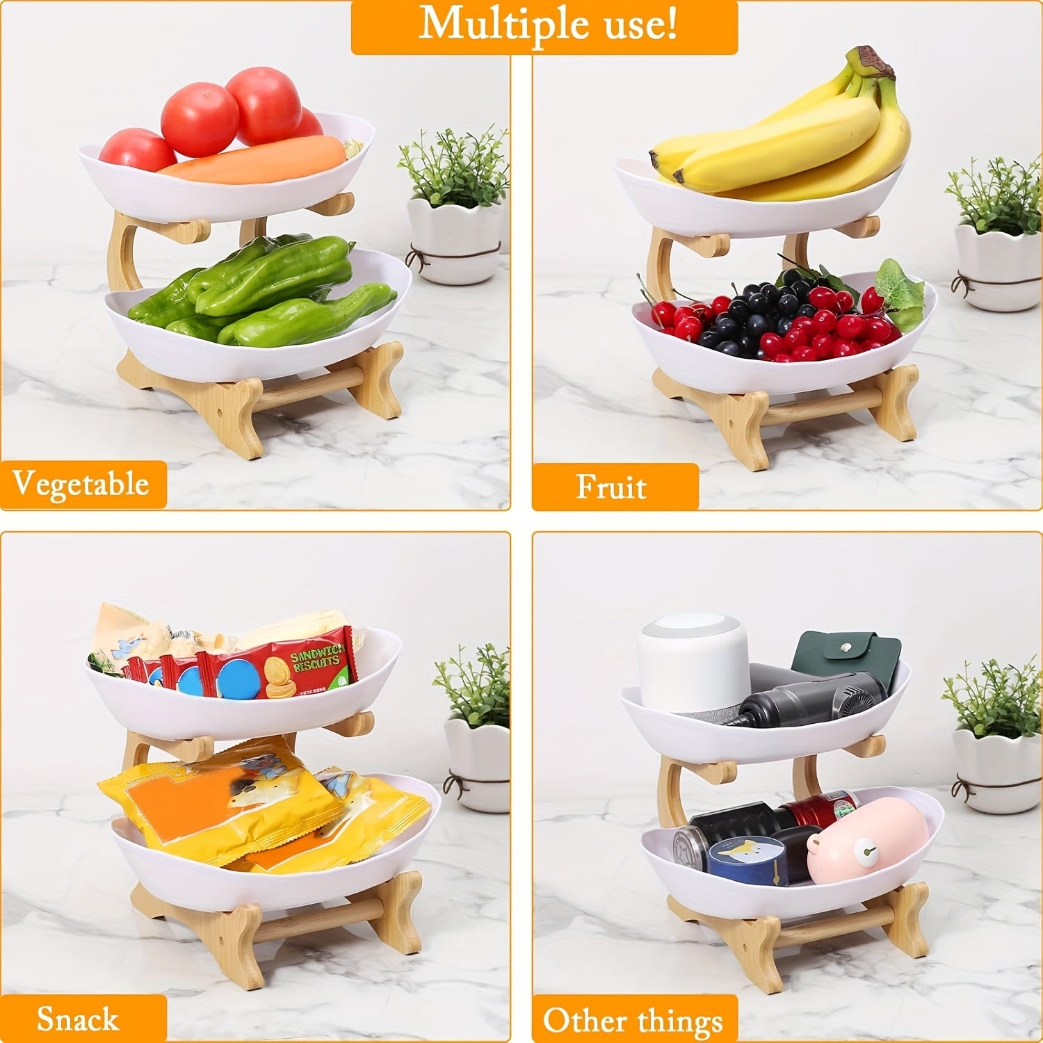 2/3-Tier Fruit Basket with Wooden Stand - Kitchen Organizer for Fruits & Vegetables,Home decor,fruit basket for kitchen counter,Large-Capacity Layered Fruit Basket,European-Style Dried Fruit Tray, Bamboo Wooden Rack Household