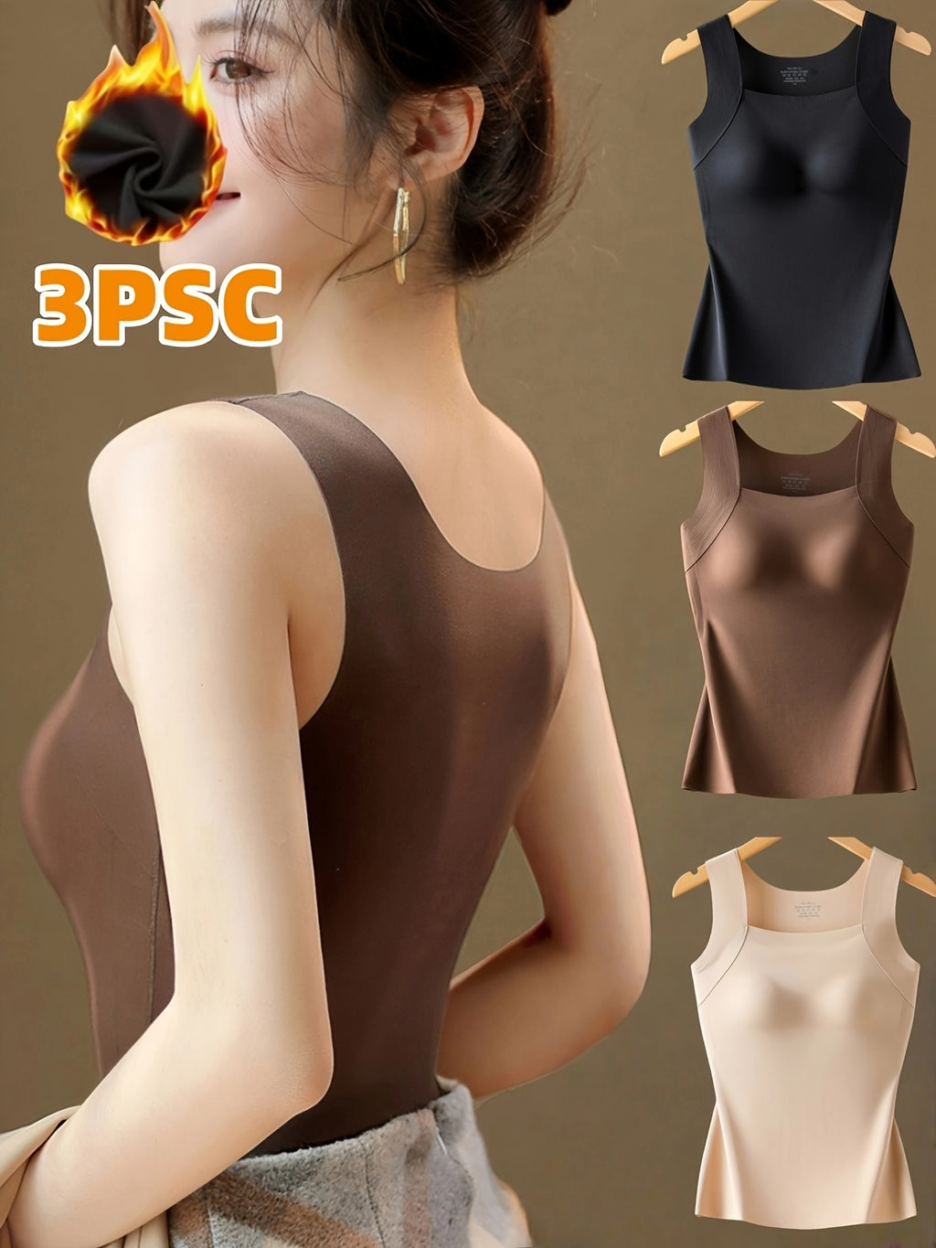 Women's 3pcs Thermal Tank Top Set - No Underwear Needed, Sleeveless Shirt - Brown/Beige/Black - Elegant Everyday & Formal Layering - Medium Support - Autumn/Winter Clothing - Easy Hand Wash Care, Winter Wardrobe, Stylish Basi