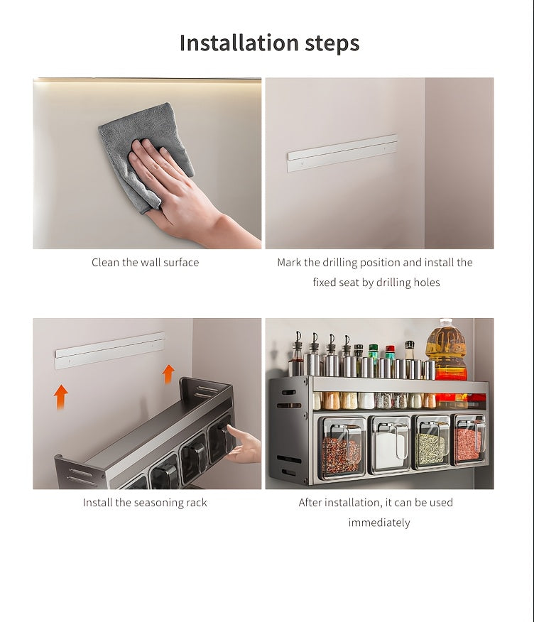 1pc Wall-Mounted Spice Organizer Rack - No-Drill Installation, Durable Aluminum, Space-Saving Kitchen & Dining Storage for Bottles, Jars, and Spices, Kitchen Storage Rack, Sleek Metal Design, Sturdy Construction, Spice Racks