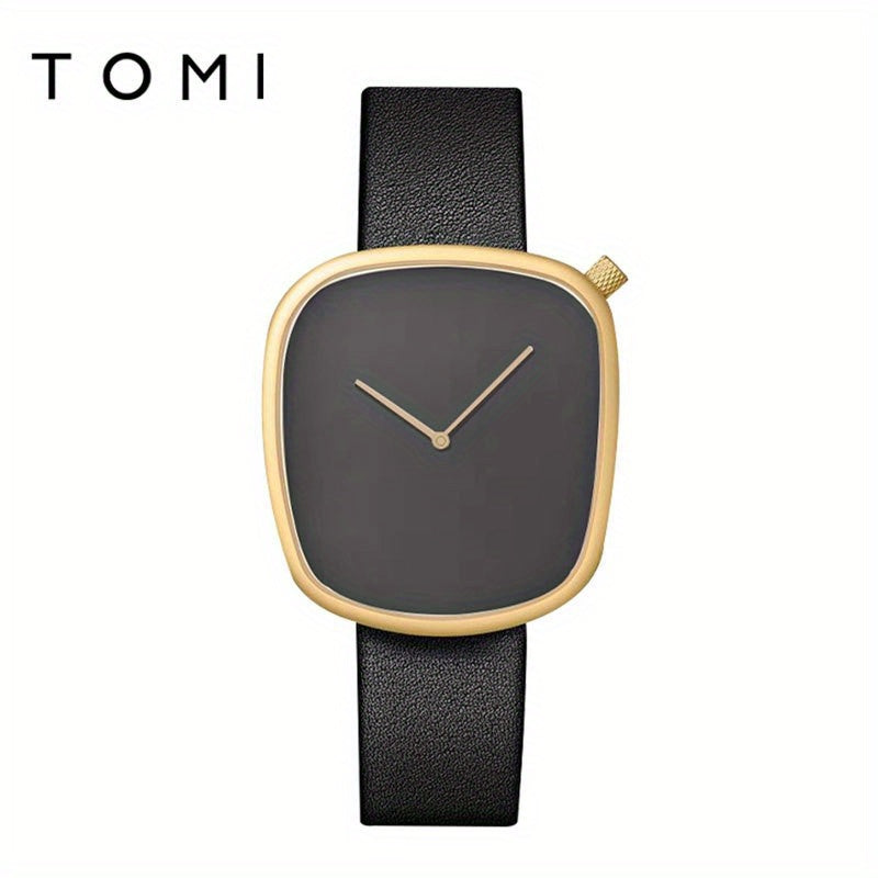 A Minimalist Square Watch With Pebble-like Design, Featuring No Scale, For Both Men And Women, With A PU Leather Strap
