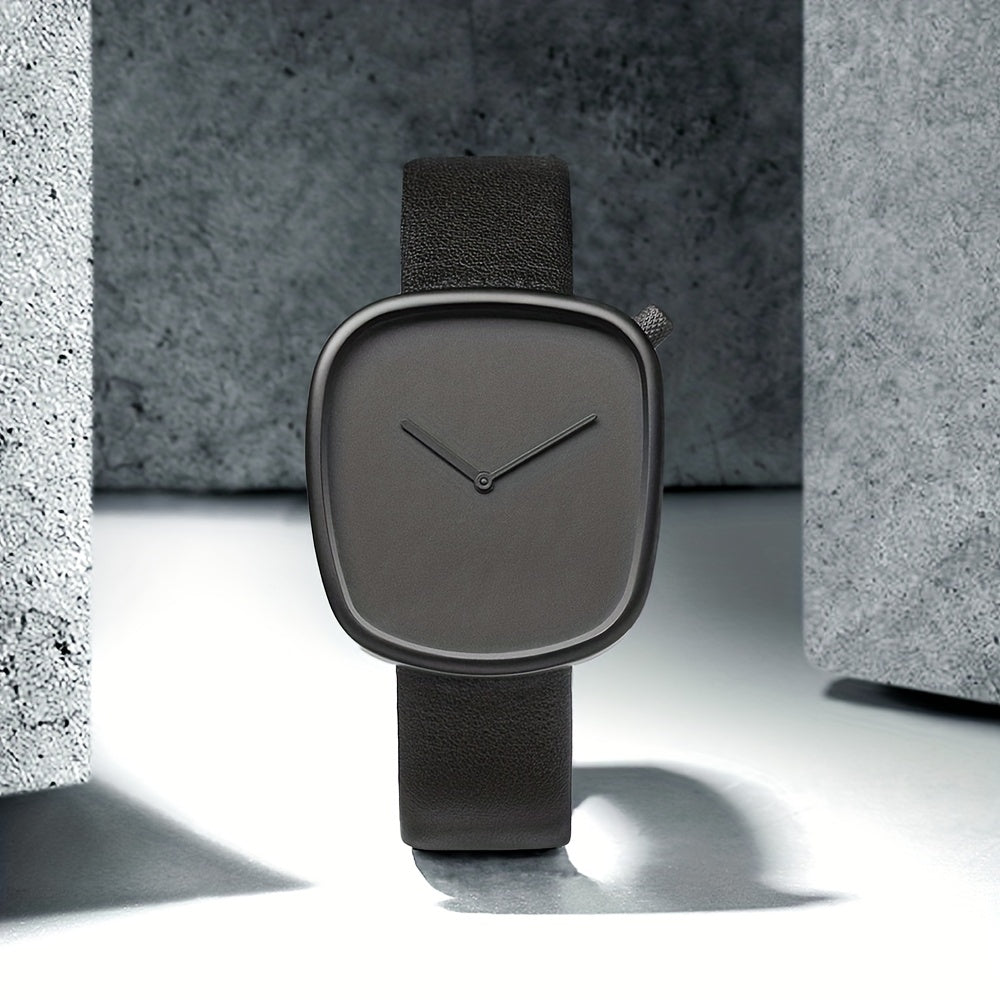A Minimalist Square Watch With Pebble-like Design, Featuring No Scale, For Both Men And Women, With A PU Leather Strap