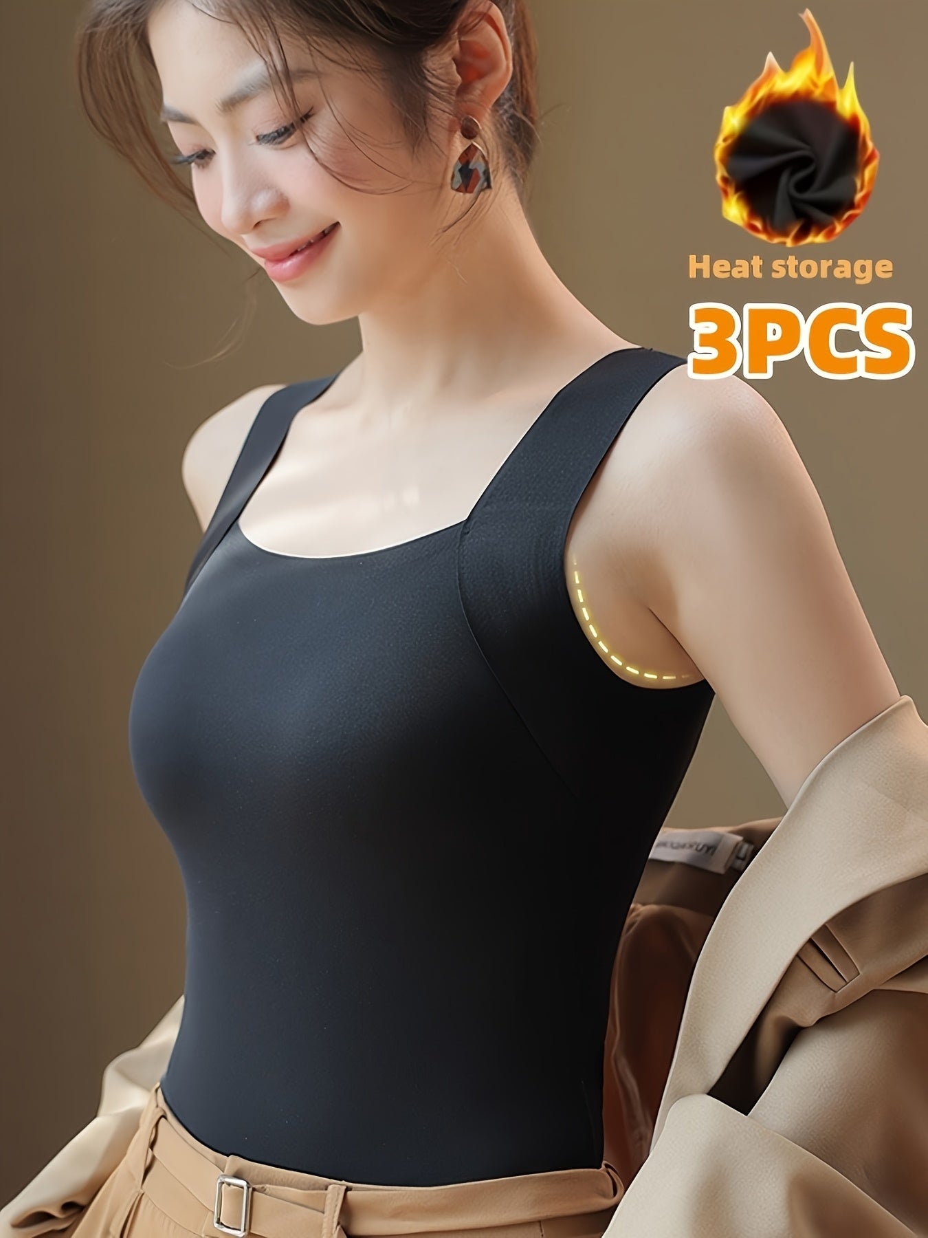 Women's 3pcs Thermal Tank Top Set - No Underwear Needed, Sleeveless Shirt - Brown/Beige/Black - Elegant Everyday & Formal Layering - Medium Support - Autumn/Winter Clothing - Easy Hand Wash Care, Winter Wardrobe, Stylish Basi
