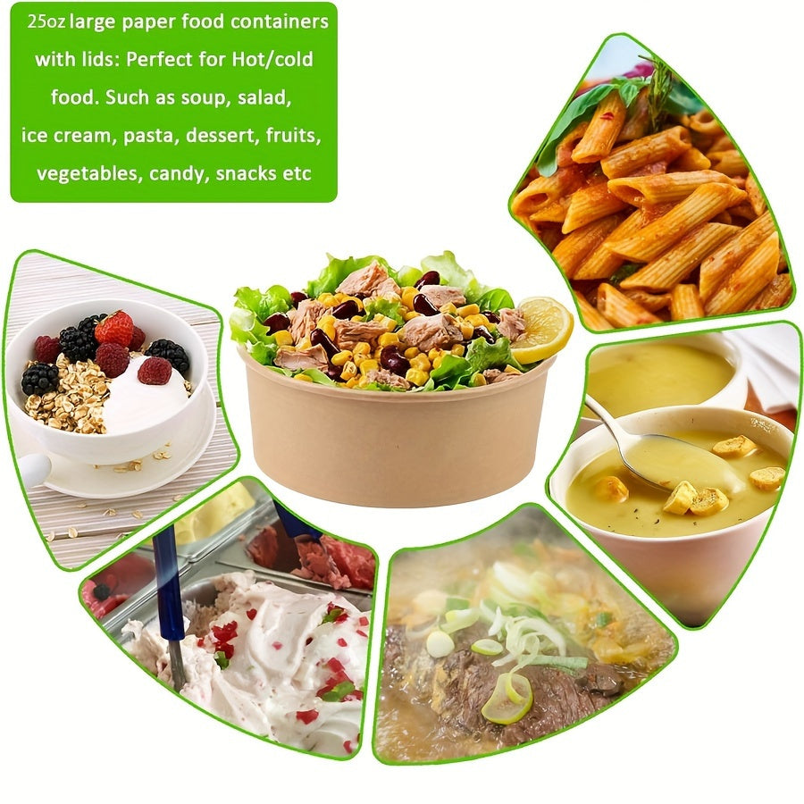 25oz 750ml Disposable Paper Bowl with Lid - Leak-Proof, Microwave Safe, Ideal for Hot/Cold Food, Soup, Salad - Perfect for Parties and Events, Safe Food Contact, Hot/Cold Food Container | Disposable Tableware | Leakproof Desi