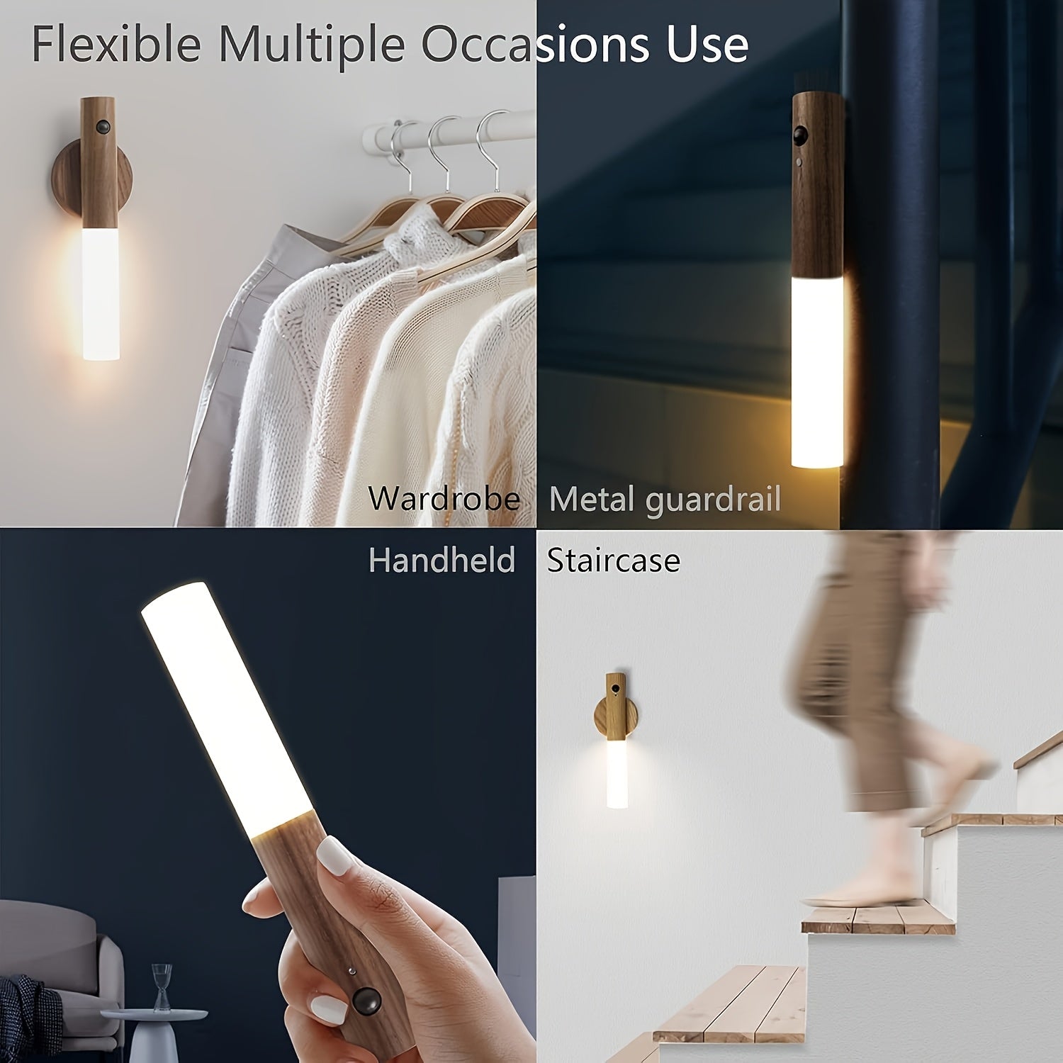 1pc/2pcs Traditional Wooden Magnetic Wall Sconce, USB Rechargeable LED Motion Sensor Night Light, Semi Flush Mount Detachable Fixture for Bedroom, Closet, Hallway, Stairway, Cabinet - Plastic Shade, Dry Location Compatible, 3