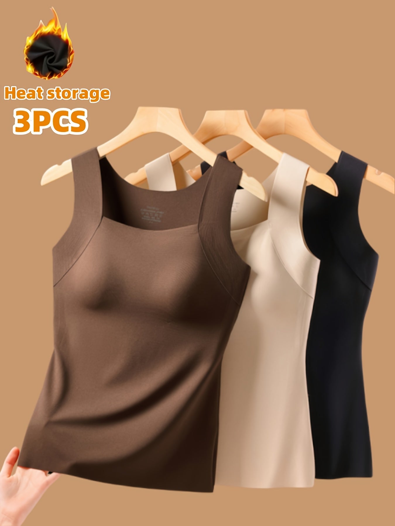 Women's 3pcs Thermal Tank Top Set - No Underwear Needed, Sleeveless Shirt - Brown/Beige/Black - Elegant Everyday & Formal Layering - Medium Support - Autumn/Winter Clothing - Easy Hand Wash Care, Winter Wardrobe, Stylish Basi