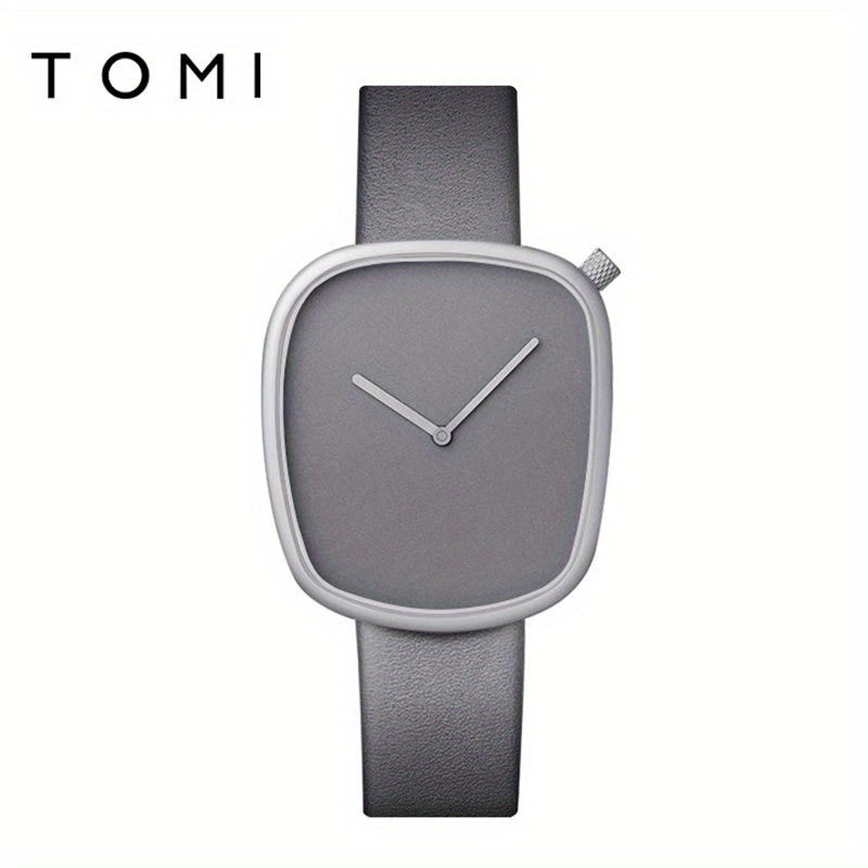 A Minimalist Square Watch With Pebble-like Design, Featuring No Scale, For Both Men And Women, With A PU Leather Strap