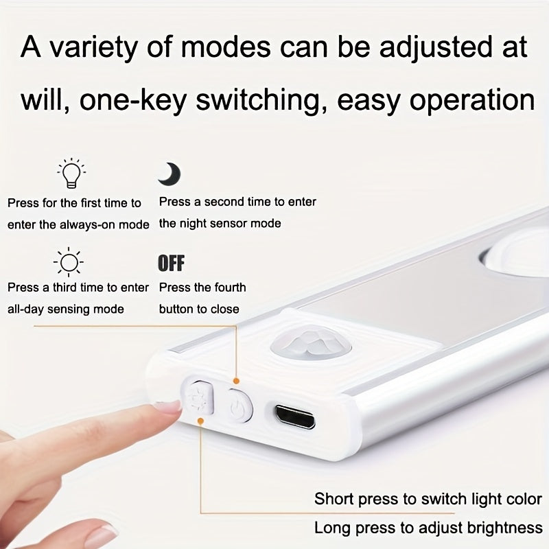 Modern LED Motion Sensor Strip Light, Wireless Rechargeable Magnetic Light Bar for Shoe Cabinets, Display Cases, Wardrobes, Smart Cabinets - Hill Effect, No Wiring Required, Easy Installation, USB-Powered, Plastic Material, M