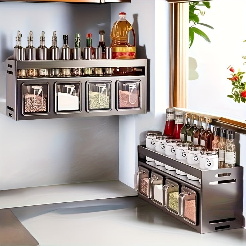 1pc Wall-Mounted Spice Organizer Rack - No-Drill Installation, Durable Aluminum, Space-Saving Kitchen & Dining Storage for Bottles, Jars, and Spices, Kitchen Storage Rack, Sleek Metal Design, Sturdy Construction, Spice Racks
