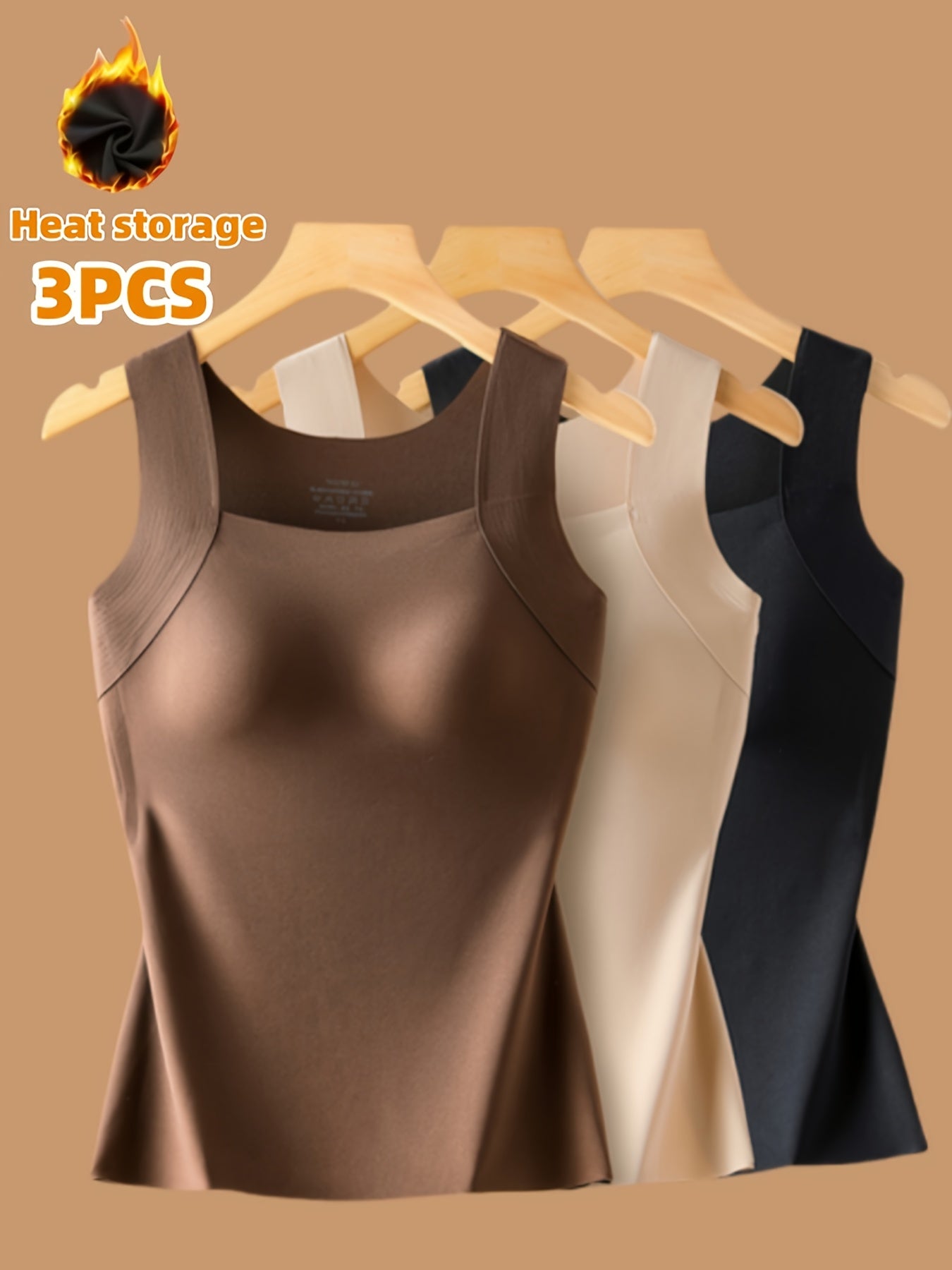 Women's 3pcs Thermal Tank Top Set - No Underwear Needed, Sleeveless Shirt - Brown/Beige/Black - Elegant Everyday & Formal Layering - Medium Support - Autumn/Winter Clothing - Easy Hand Wash Care, Winter Wardrobe, Stylish Basi