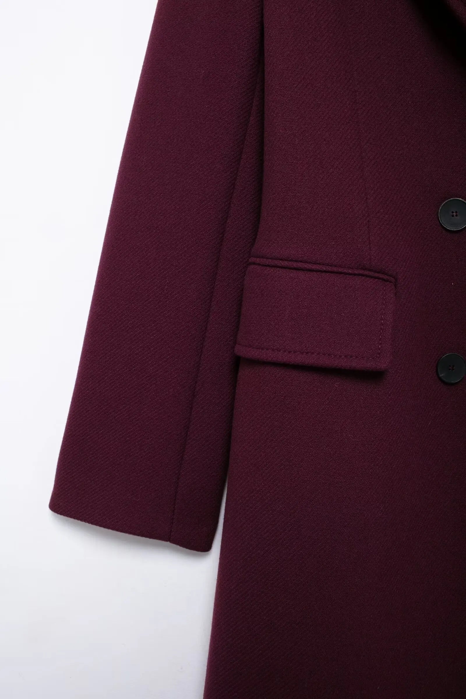 TRAFZA Women Fashion Burgundy Woolen Coat Double Breasted Long Sleeve Lapel Blends Jacket Autumn Winter High Street Outerwear