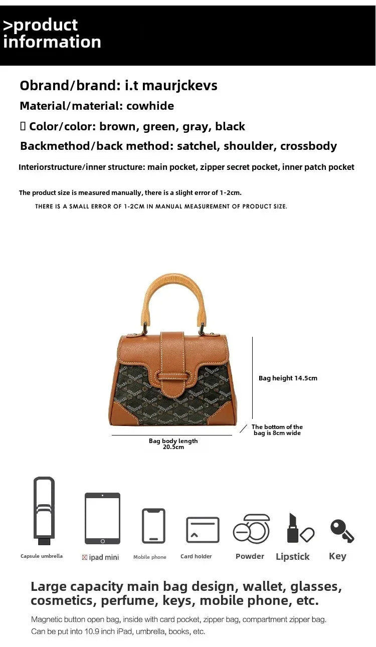 Women's Wooden Handle Genuine Leather Old Flower Cross-Border New Style Commute Keli Bag Single Shoulder Slant Cross Small Bag