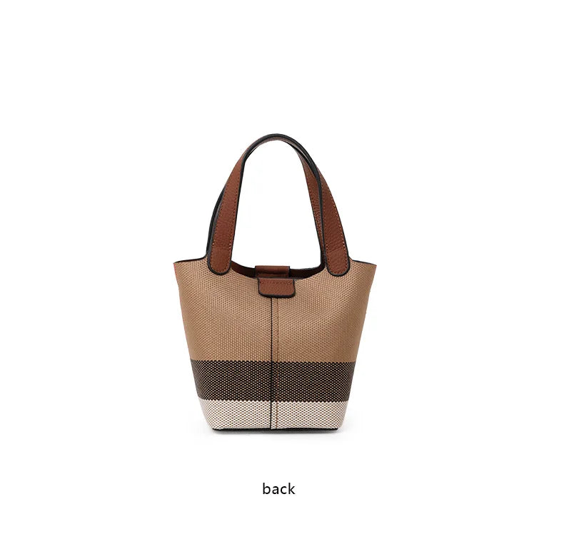 Genuine leather cowhide canvas checkered handbag 2025 new retro cross-body shoulder bag lady detachable shoulder strap small bag