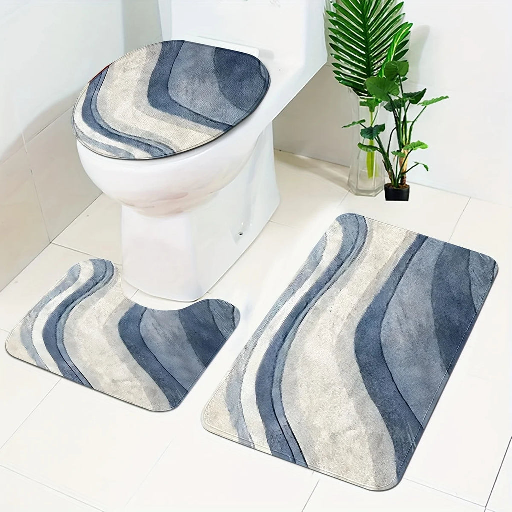 3-piece bathroom rug set, non-slip bath mat, U-shaped toilet mat, toilet seat cover, thick, soft and comfortable, rendered blue