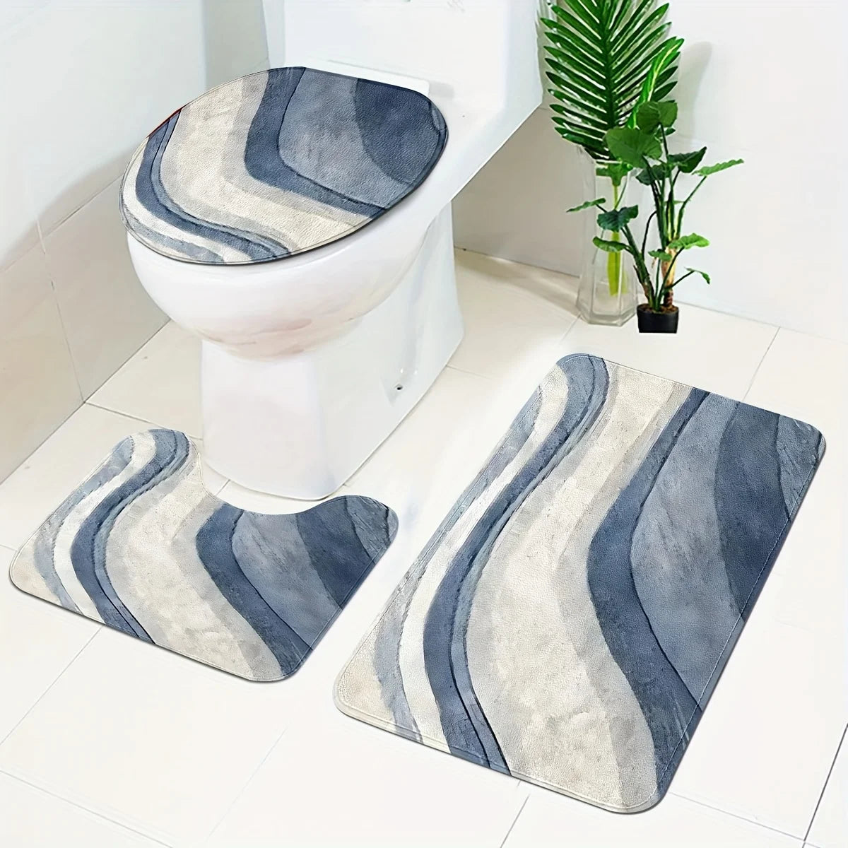 3-piece bathroom rug set, non-slip bath mat, U-shaped toilet mat, toilet seat cover, thick, soft and comfortable, rendered blue
