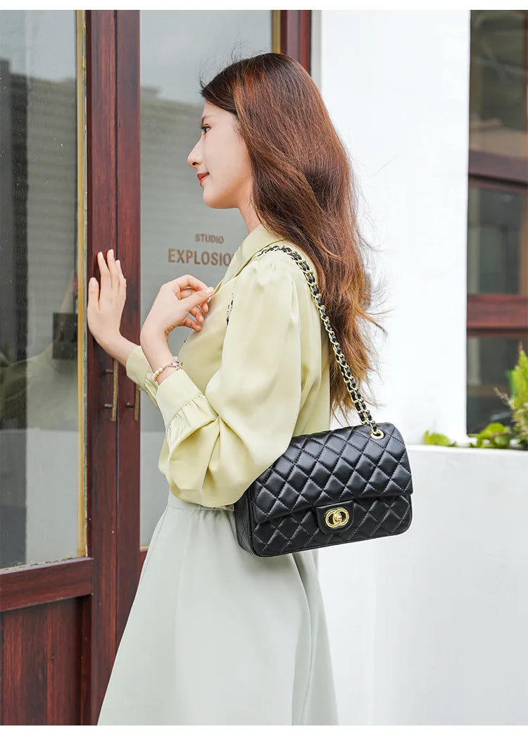 New Double Circle DIY Diamond Grid Chain Bag Fashionable Luxury Sheepskin Pattern Women's Single Shoulder Slant Cross Bag