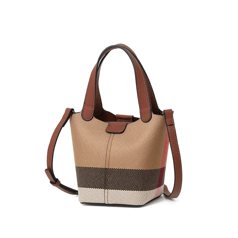 Genuine leather cowhide canvas checkered handbag 2025 new retro cross-body shoulder bag lady detachable shoulder strap small bag