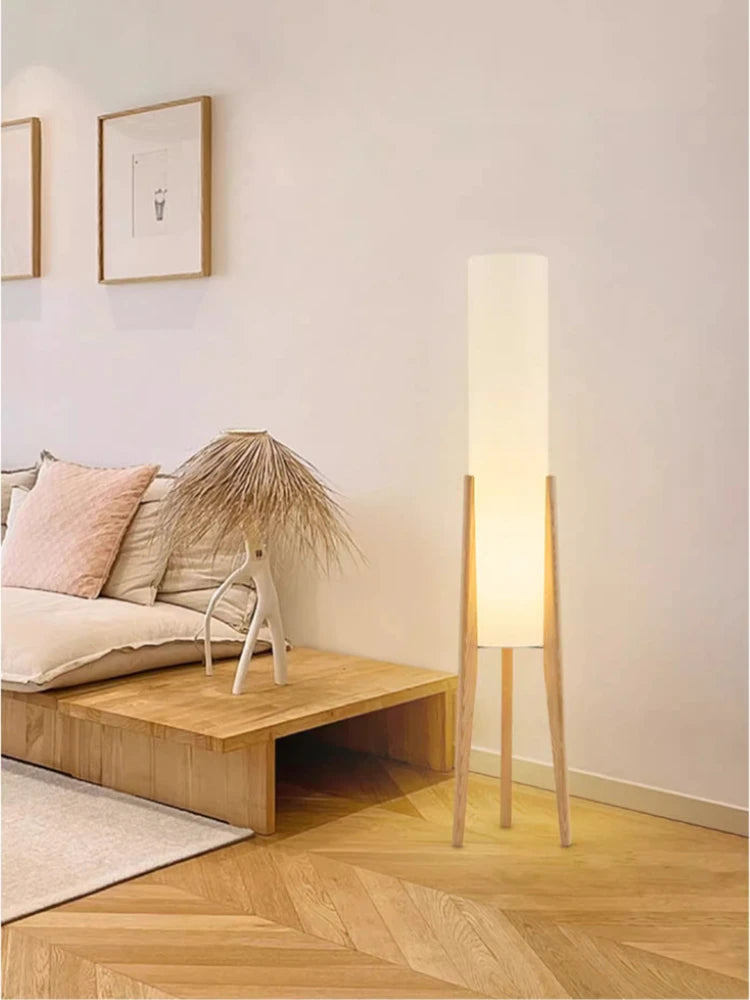 Retro Solid Wood Floor Lamp White Fabric Night Standing Light Home Decor Bedroom Bedside Living Dining Room Led Lighting Fixture