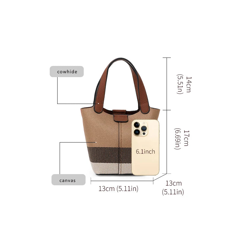 Genuine leather cowhide canvas checkered handbag 2025 new retro cross-body shoulder bag lady detachable shoulder strap small bag