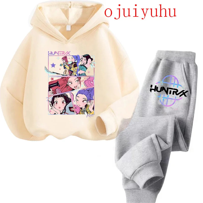 Unisex Sets Children Hoodies Kpop Demon Hunters Kawaii Pullover Sweatshirt Anime Trucksuit Cartoon Girls Boy Kids Clothes