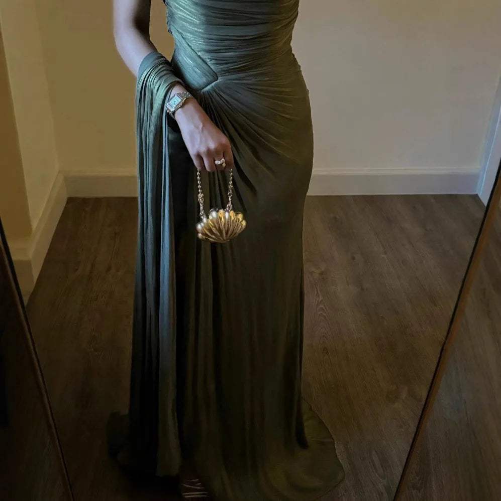 2025 Spring Summer New Fashion Pleated Dress for Women Chic Elegant Off Shoulder Sleeveless High Waist Evening Long Dresses