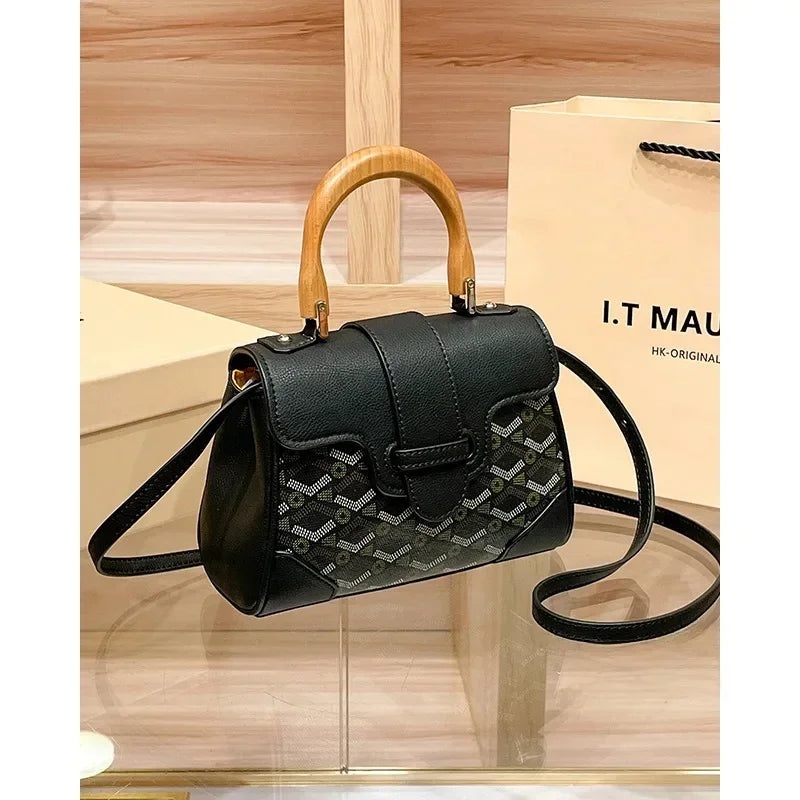 Women's Wooden Handle Genuine Leather Old Flower Cross-Border New Style Commute Keli Bag Single Shoulder Slant Cross Small Bag
