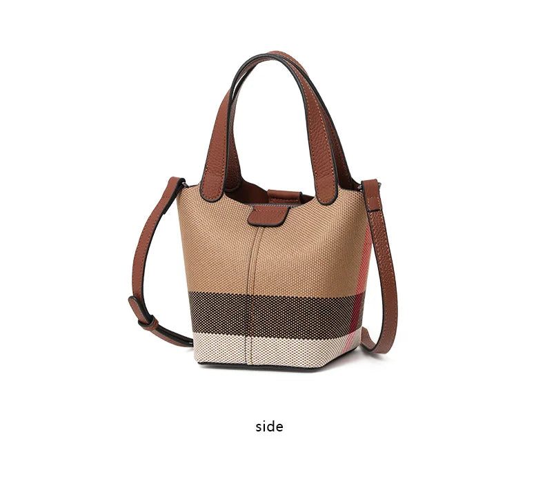Genuine leather cowhide canvas checkered handbag 2025 new retro cross-body shoulder bag lady detachable shoulder strap small bag