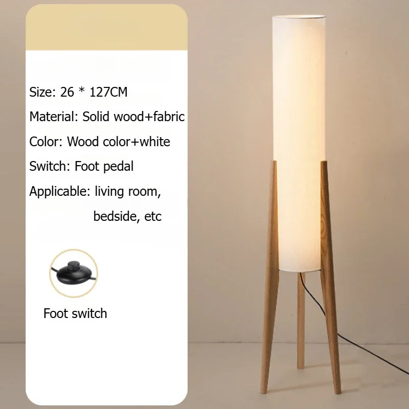 Retro Solid Wood Floor Lamp White Fabric Night Standing Light Home Decor Bedroom Bedside Living Dining Room Led Lighting Fixture
