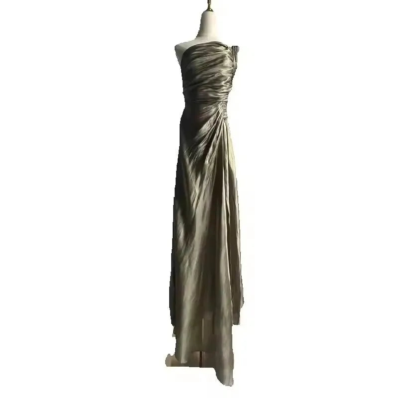 2025 Spring Summer New Fashion Pleated Dress for Women Chic Elegant Off Shoulder Sleeveless High Waist Evening Long Dresses