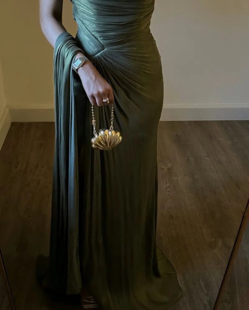 2025 Spring Summer New Fashion Pleated Dress for Women Chic Elegant Off Shoulder Sleeveless High Waist Evening Long Dresses