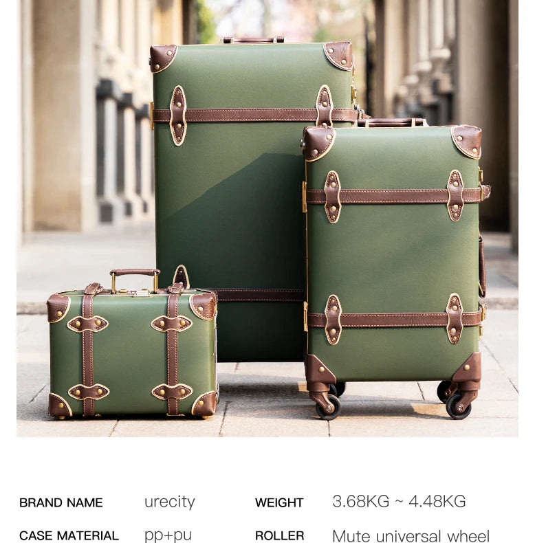 urecity Vintage Luggage Set, 3 Piece Retro trolley luggage bag,Travel Luggage with Spinner Wheels and Beauty Case (Army Green)