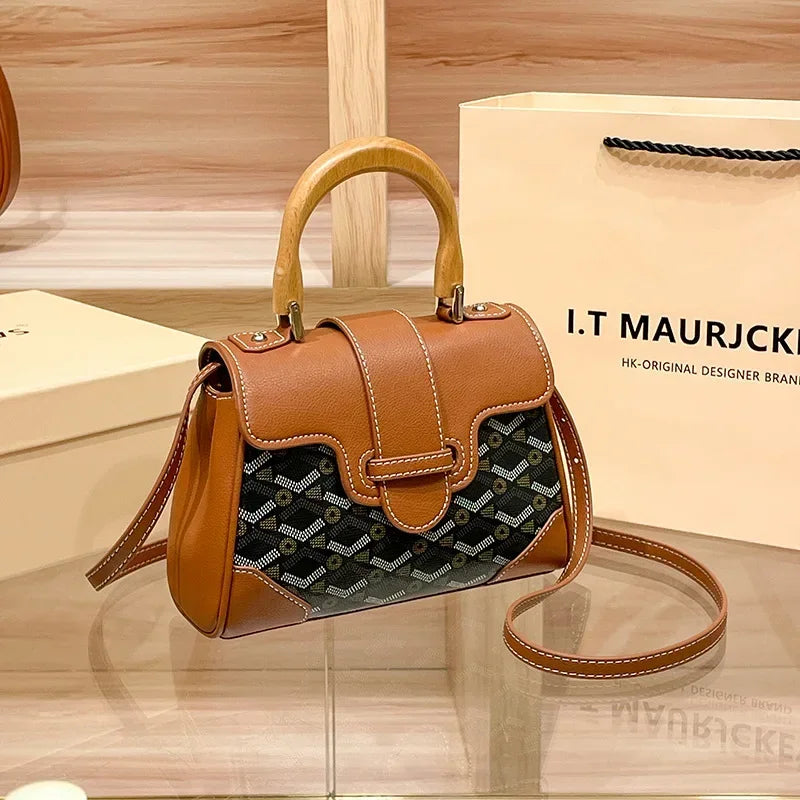 Women's Wooden Handle Genuine Leather Old Flower Cross-Border New Style Commute Keli Bag Single Shoulder Slant Cross Small Bag