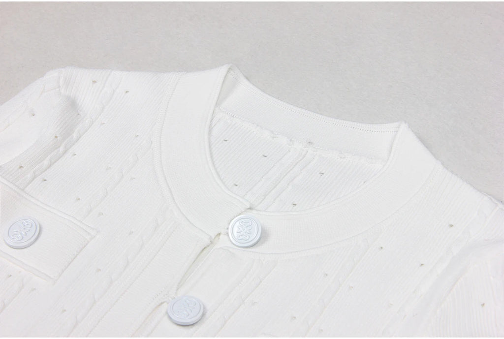 Three Color High-quality New Fashionable Elastic Knitted Hollow Round Neck Single Breasted Short Sleeved Slim Fit Women's Dress
