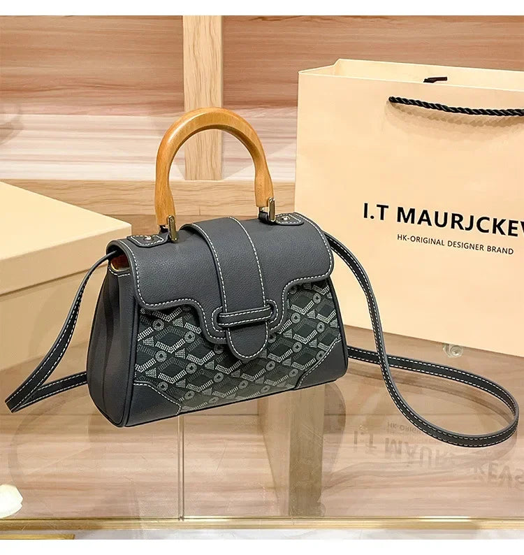 Women's Wooden Handle Genuine Leather Old Flower Cross-Border New Style Commute Keli Bag Single Shoulder Slant Cross Small Bag