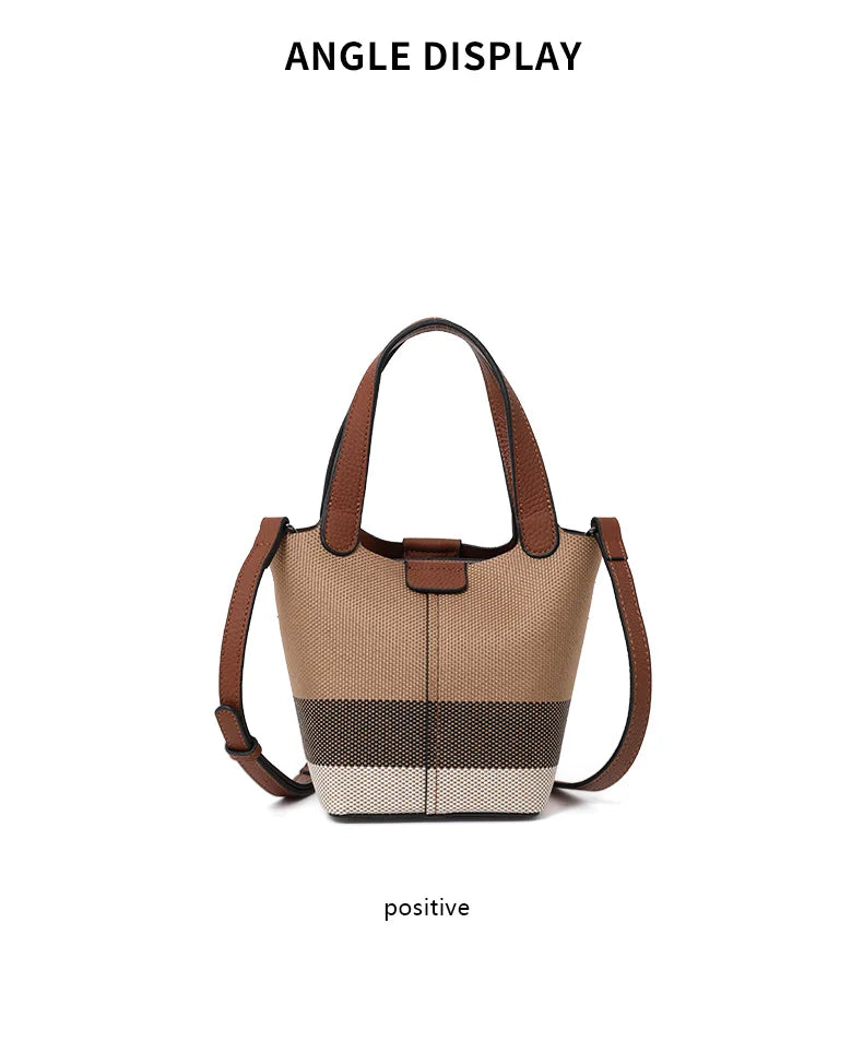 Genuine leather cowhide canvas checkered handbag 2025 new retro cross-body shoulder bag lady detachable shoulder strap small bag