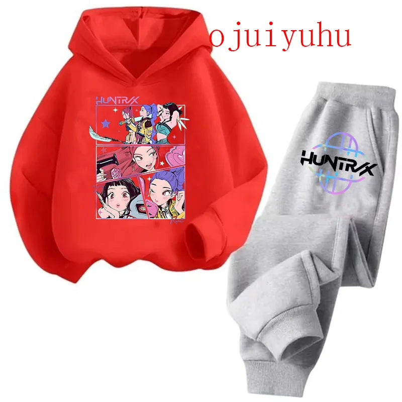 Unisex Sets Children Hoodies Kpop Demon Hunters Kawaii Pullover Sweatshirt Anime Trucksuit Cartoon Girls Boy Kids Clothes