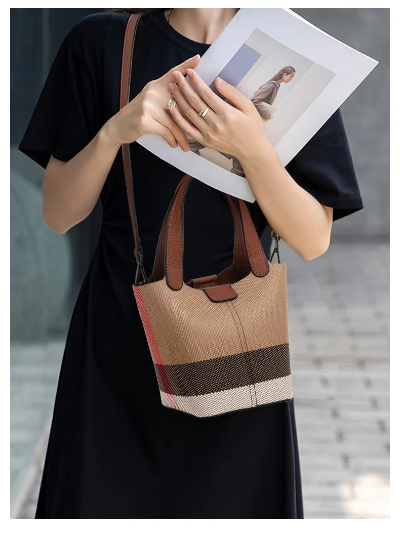 Genuine leather cowhide canvas checkered handbag 2025 new retro cross-body shoulder bag lady detachable shoulder strap small bag