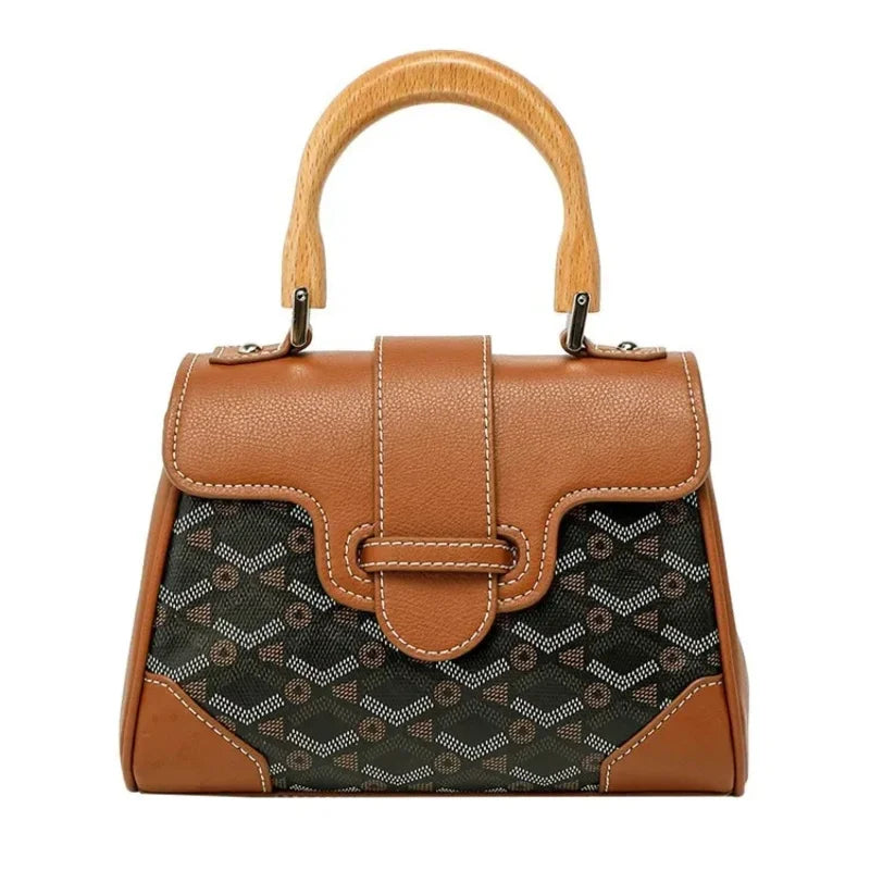 Women's Wooden Handle Genuine Leather Old Flower Cross-Border New Style Commute Keli Bag Single Shoulder Slant Cross Small Bag
