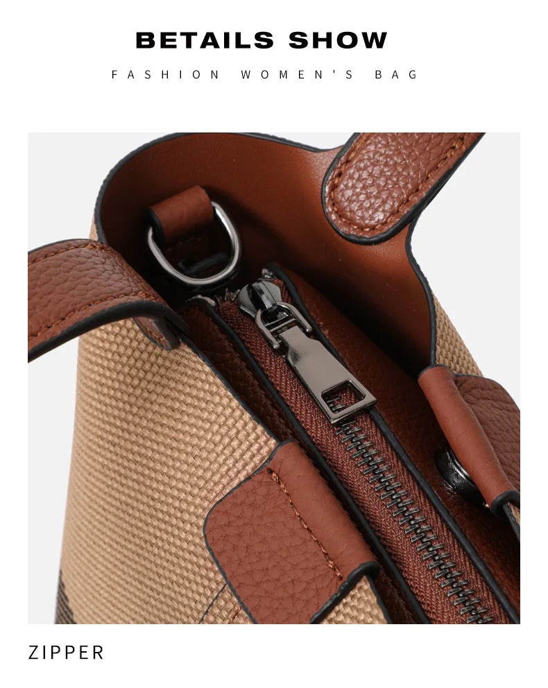 Genuine leather cowhide canvas checkered handbag 2025 new retro cross-body shoulder bag lady detachable shoulder strap small bag