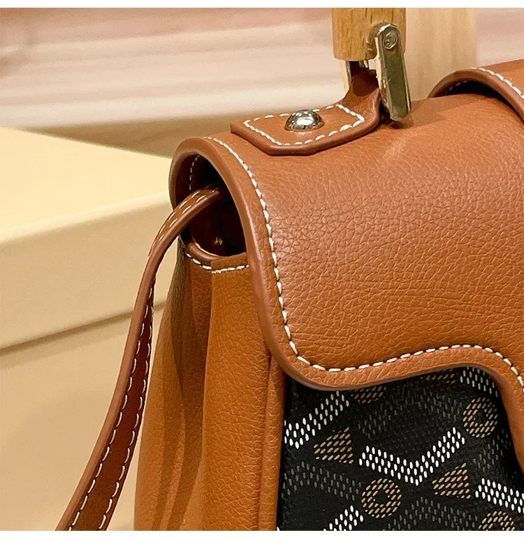 Women's Wooden Handle Genuine Leather Old Flower Cross-Border New Style Commute Keli Bag Single Shoulder Slant Cross Small Bag