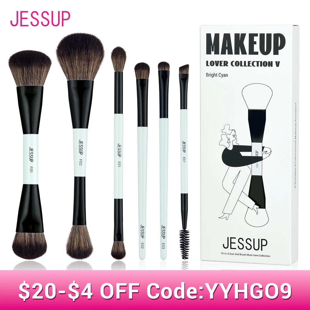 Jessup Makeup Brush Set Double Sided Makeup Brushes Foundation Contour Blush Blending Eyebrow Shadow,Fiber Bright Cyan T501