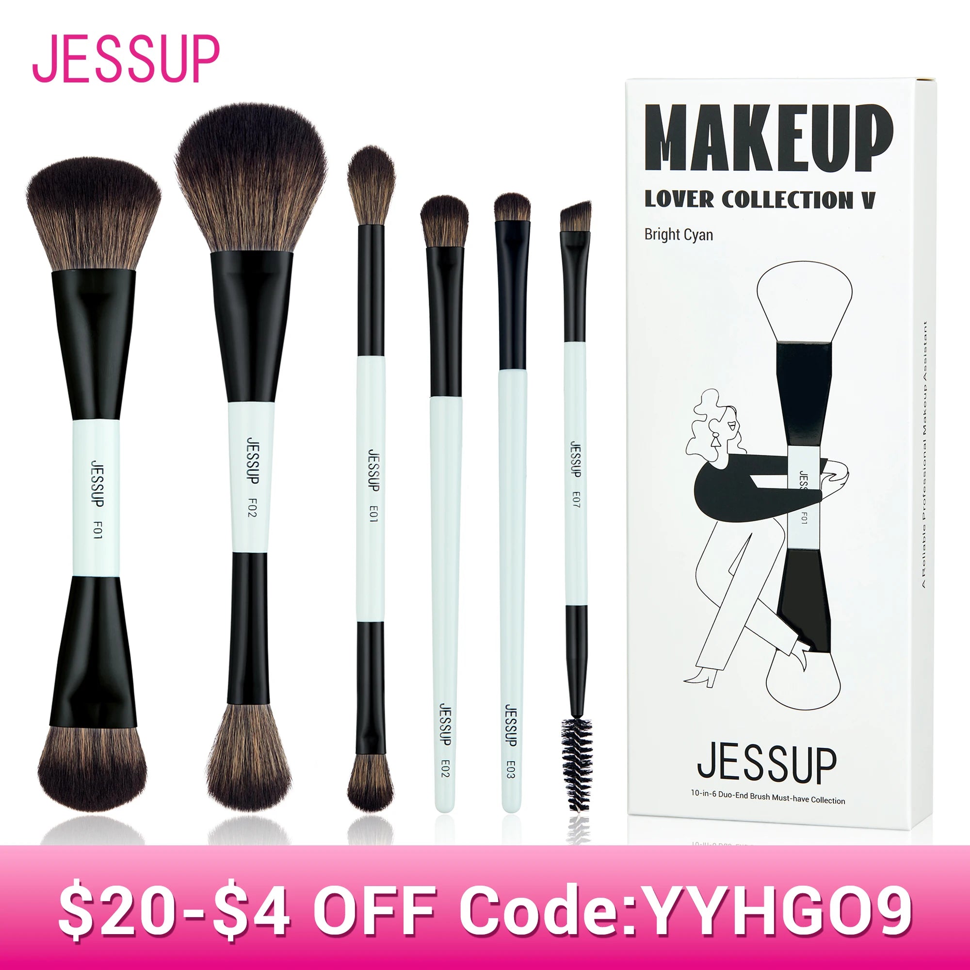 Jessup Makeup Brush Set Double Sided Makeup Brushes Foundation Contour Blush Blending Eyebrow Shadow,Fiber Bright Cyan T501