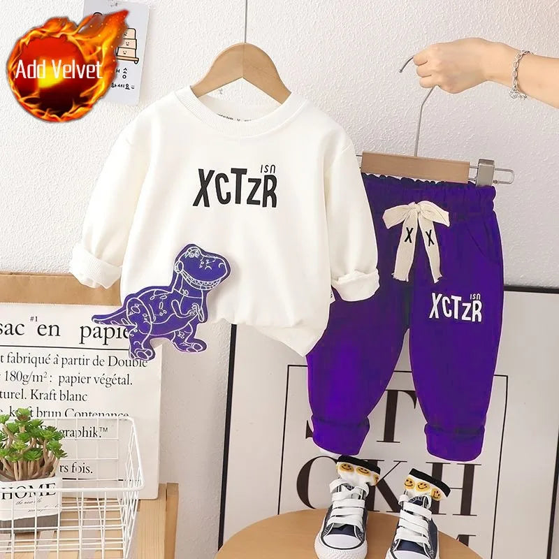 Fleece-Lined Sweatshirt Set Autumn Winter Wear Boy Children's Clothing Clothes Top Bottom Child Boys Outfit Kids Boy's Boy´s