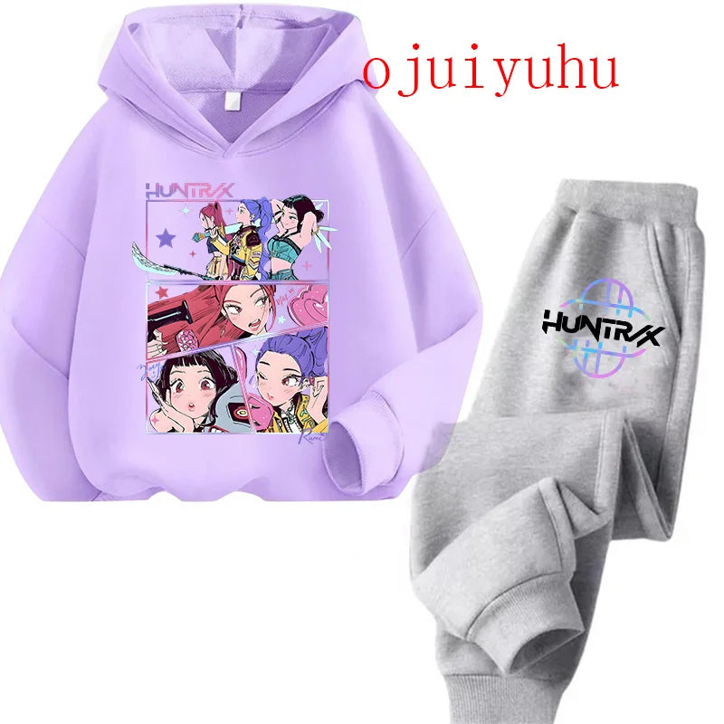 Unisex Sets Children Hoodies Kpop Demon Hunters Kawaii Pullover Sweatshirt Anime Trucksuit Cartoon Girls Boy Kids Clothes